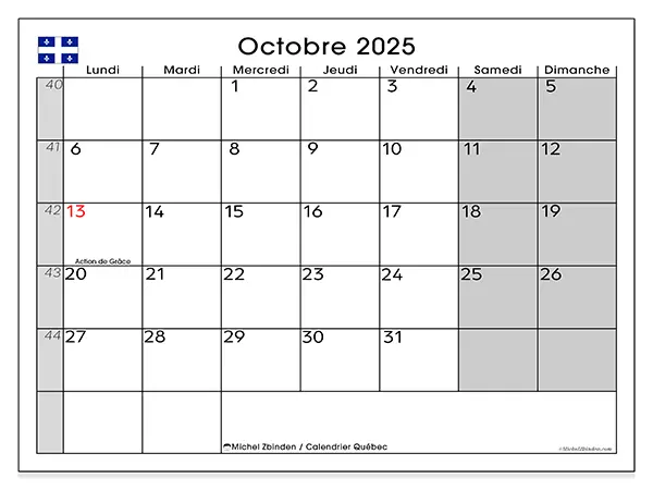 Calendrier Québec à imprimer gratuit, octobre 2025. Semaine :  Lundi à dimanche