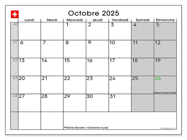 Calendrier Suisse à imprimer gratuit, octobre 2025. Semaine :  Lundi à dimanche