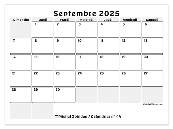 Calendrier n° 44 à imprimer gratuit, septembre 2025. Semaine :  Dimanche à samedi