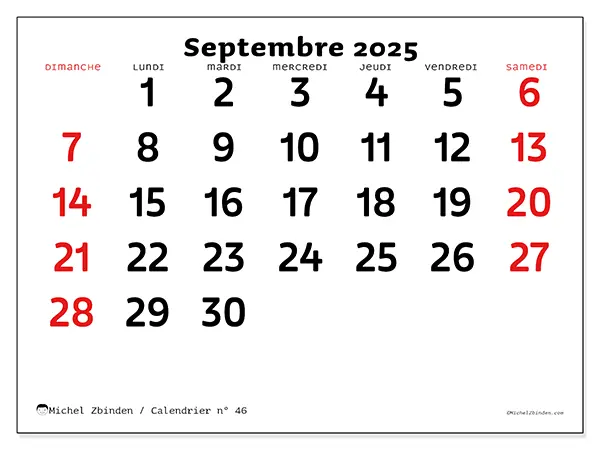 Calendrier n° 46 à imprimer gratuit, septembre 2025. Semaine :  Dimanche à samedi