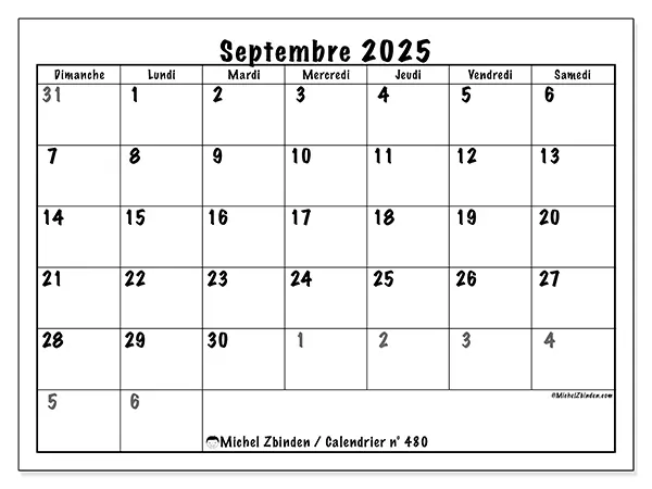 Calendrier n° 480 à imprimer gratuit, septembre 2025. Semaine :  Dimanche à samedi