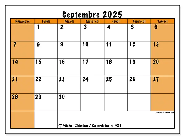 Calendrier n° 481 à imprimer gratuit, septembre 2025. Semaine :  Dimanche à samedi