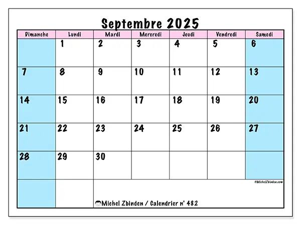 Calendrier n° 482 à imprimer gratuit, septembre 2025. Semaine :  Dimanche à samedi