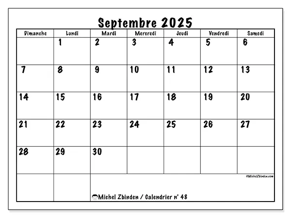 Calendrier n° 48 à imprimer gratuit, septembre 2025. Semaine :  Dimanche à samedi