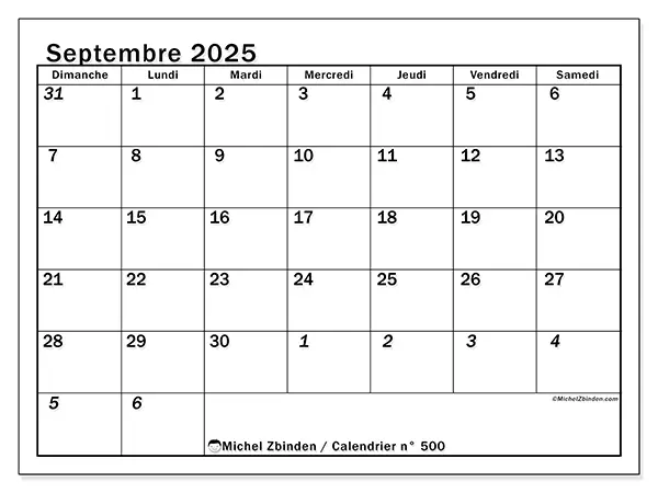 Calendrier n° 500 à imprimer gratuit, septembre 2025. Semaine :  Dimanche à samedi