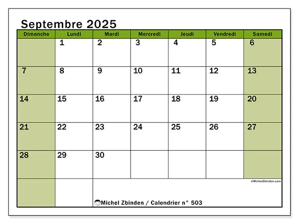 Calendrier n° 503 à imprimer gratuit, septembre 2025. Semaine :  Dimanche à samedi