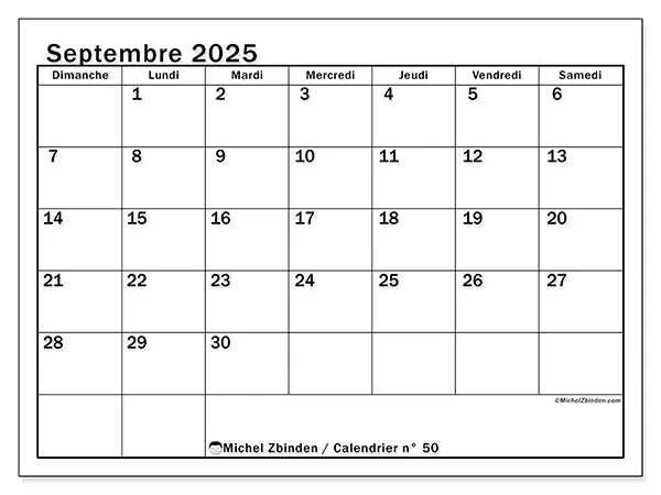 Calendrier n° 50 à imprimer gratuit, septembre 2025. Semaine :  Dimanche à samedi
