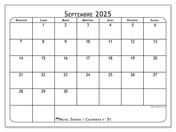 Calendrier n° 51 à imprimer gratuit, septembre 2025. Semaine :  Dimanche à samedi