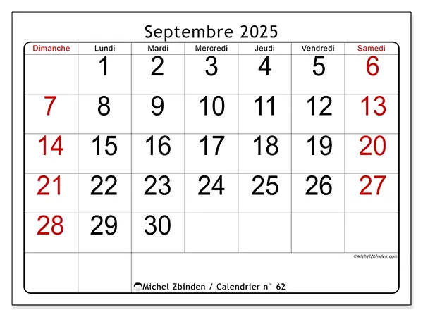 Calendrier n° 62 à imprimer gratuit, septembre 2025. Semaine :  Dimanche à samedi