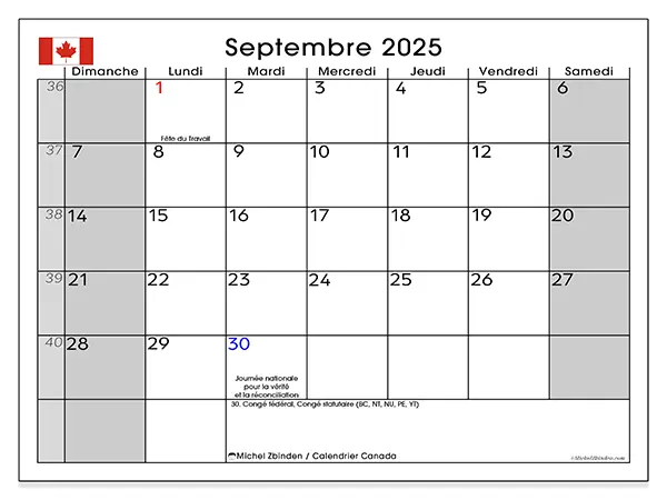 Calendrier Canada à imprimer gratuit, septembre 2025. Semaine :  Dimanche à samedi