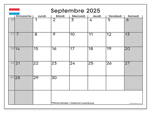 Calendrier Luxembourg à imprimer gratuit, septembre 2025. Semaine :  Dimanche à samedi