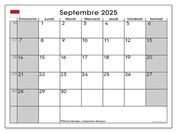 Calendrier Monaco à imprimer gratuit, septembre 2025. Semaine :  Dimanche à samedi