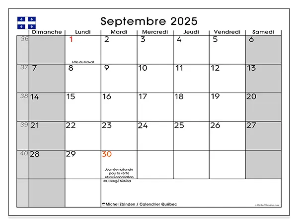 Calendrier Québec à imprimer gratuit, septembre 2025. Semaine :  Dimanche à samedi