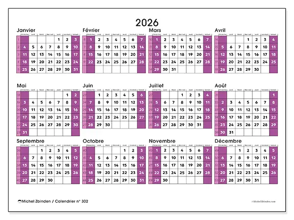 Calendrier annuel 2026 à imprimer - Bureau dynamique - Semaine : dimanche à samedi