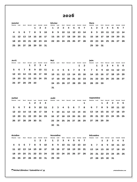 Calendrier annuel 2026 à imprimer - Vue globale - Semaine : dimanche à samedi
