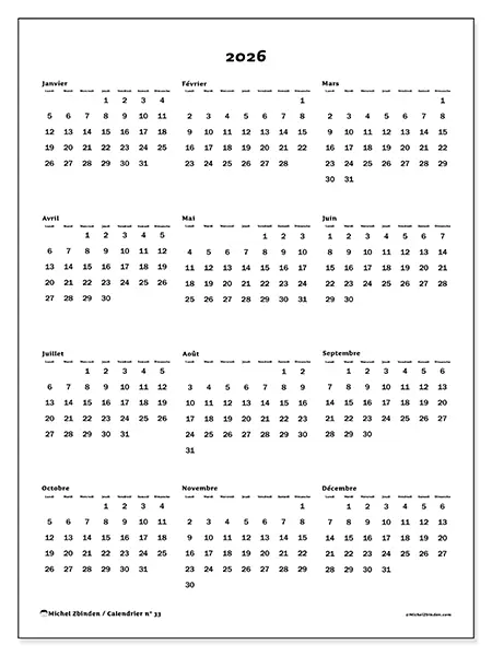 Calendrier annuel 2026 à imprimer - Vue globale