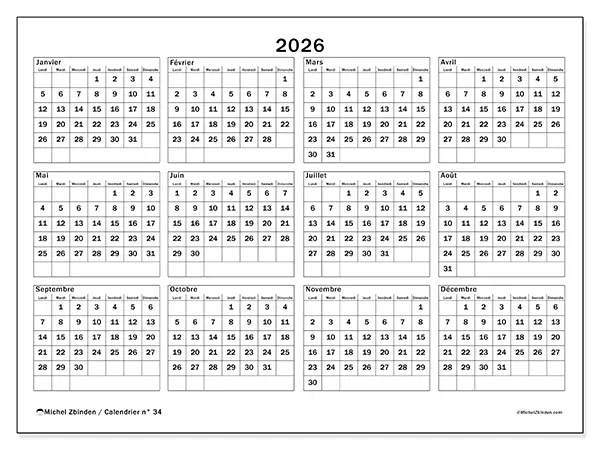 Calendrier annuel 2026 à imprimer - Vacances et loisirs