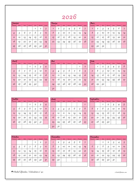 Calendrier annuel 2026 à imprimer - Douceur et charme - Semaine : dimanche à samedi