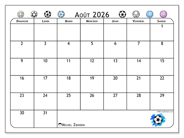 Calendrier août 2026 à imprimer - Passion football - Semaine : dimanche à samedi