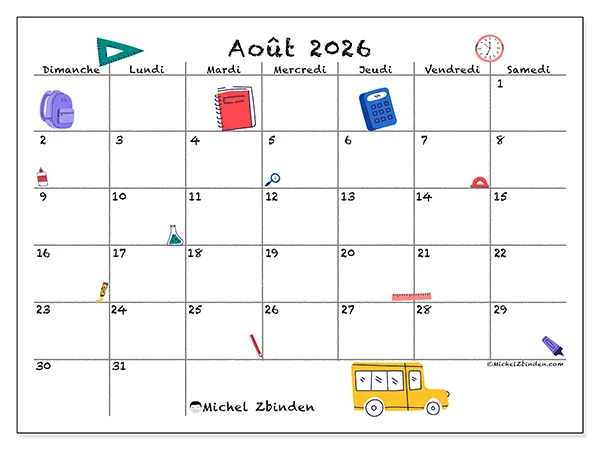 Calendrier août 2026 à imprimer - Rentrée scolaire - Semaine : dimanche à samedi