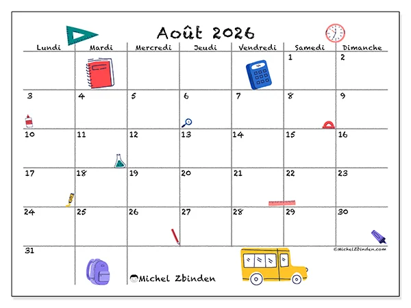 Calendrier août 2026 à imprimer - Rentrée scolaire