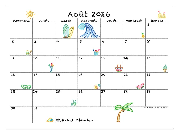 Calendrier août 2026 à imprimer - Vacances ensoleillées - Semaine : dimanche à samedi