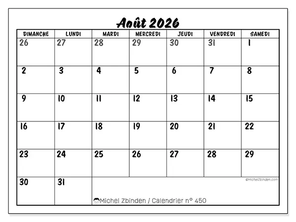 Calendrier août 2026 à imprimer - Organisation détaillée - Semaine : dimanche à samedi