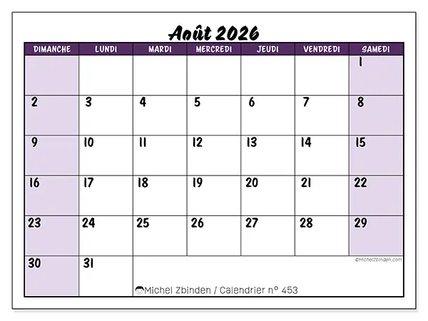 Calendrier août 2026 à imprimer - Efficacité colorée - Semaine : dimanche à samedi