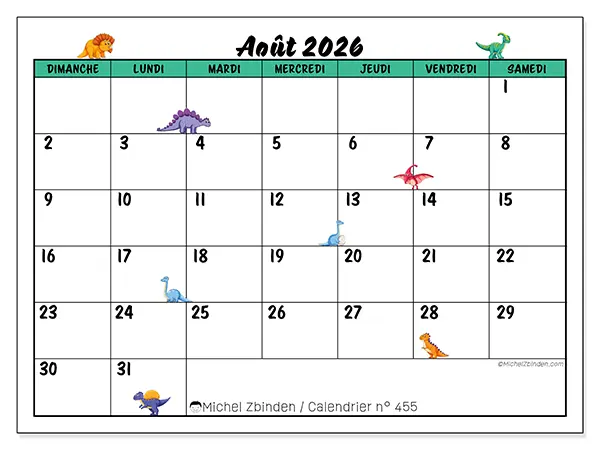 Calendrier août 2026 à imprimer - Petits dinosaures - Semaine : dimanche à samedi