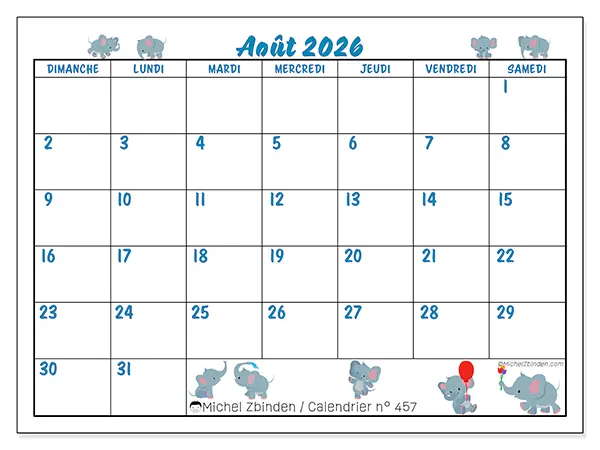Calendrier août 2026 à imprimer - Petits éléphants - Semaine : dimanche à samedi
