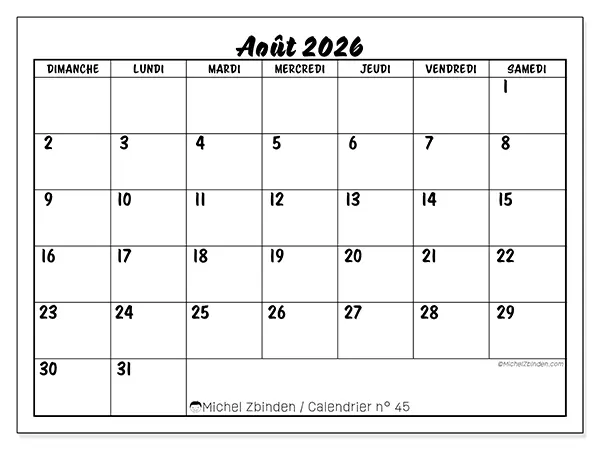 Calendrier août 2026 à imprimer - Réussite scolaire - Semaine : dimanche à samedi