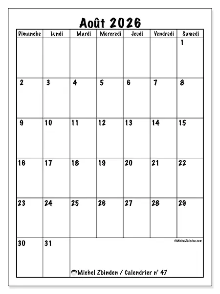 Calendrier août 2026 à imprimer - Planning efficace - Semaine : dimanche à samedi