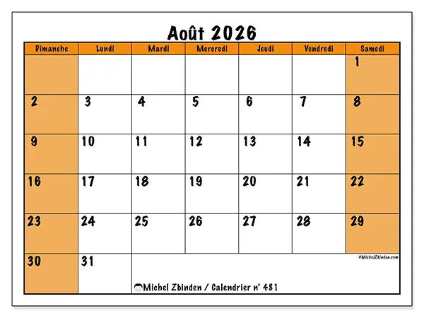 Calendrier août 2026 à imprimer - Planning dynamique - Semaine : dimanche à samedi