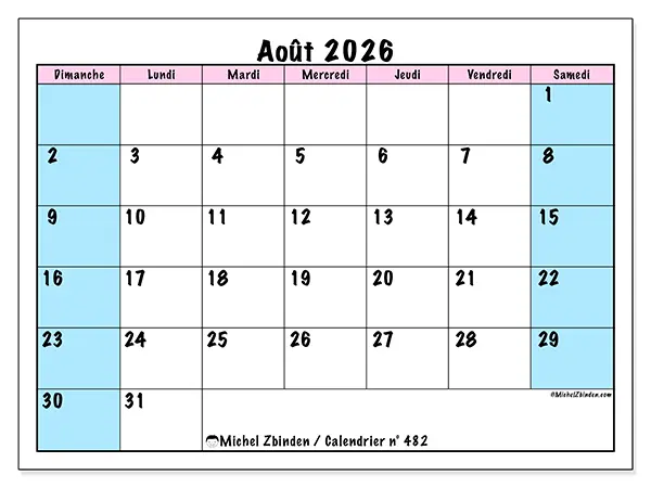 Calendrier août 2026 à imprimer - Horaire d’équipe - Semaine : dimanche à samedi