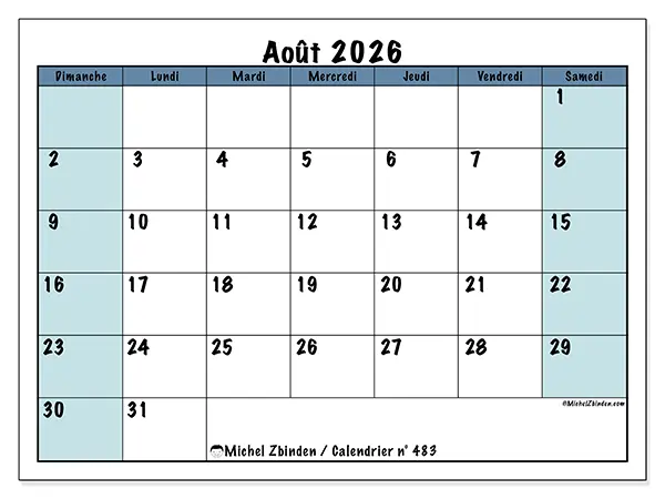 Calendrier août 2026 à imprimer - Structuré pour l’école - Semaine : dimanche à samedi