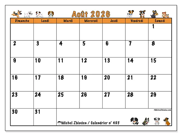 Calendrier août 2026 à imprimer - Chiens enthousiastes - Semaine : dimanche à samedi