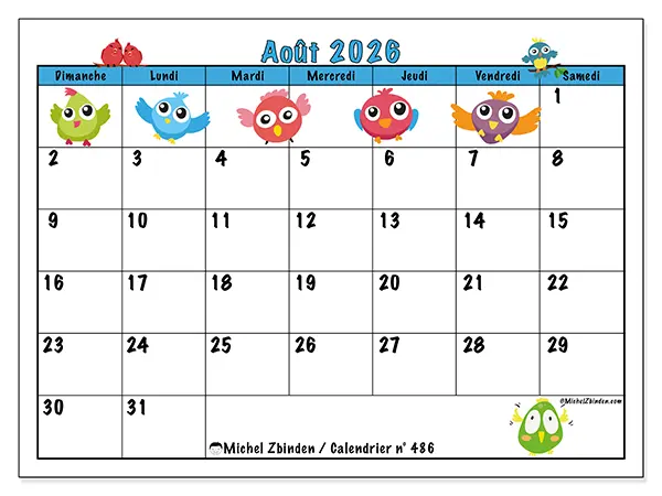 Calendrier août 2026 à imprimer - Oiseaux amusants - Semaine : dimanche à samedi