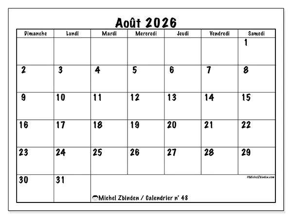Calendrier août 2026 à imprimer - Efficacité quotidienne - Semaine : dimanche à samedi