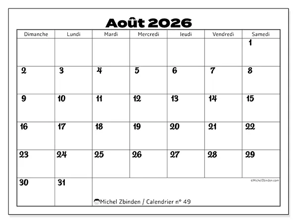 Calendrier août 2026 à imprimer - Coordination productive - Semaine : dimanche à samedi