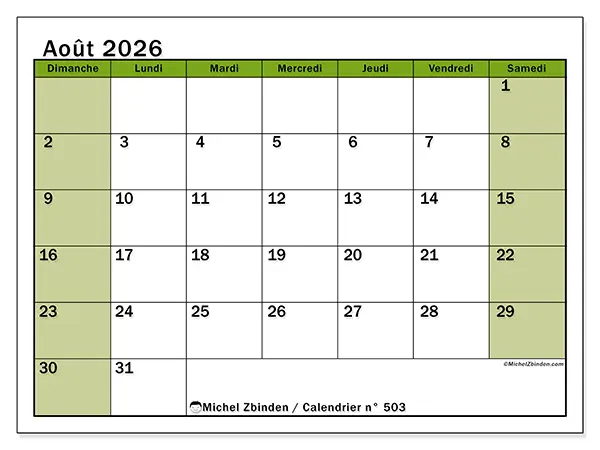 Calendrier août 2026 à imprimer - Organisation vivante - Semaine : dimanche à samedi