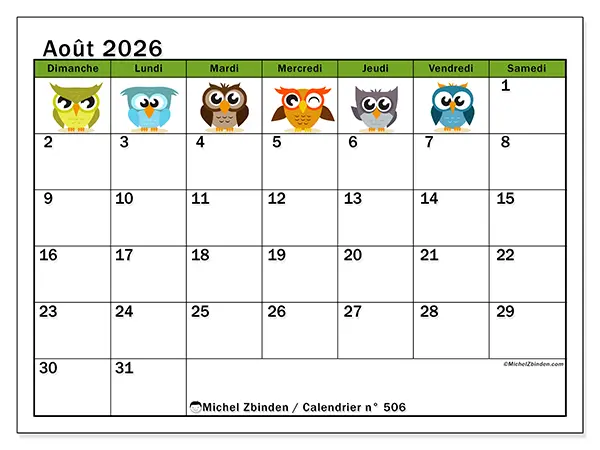 Calendrier août 2026 à imprimer - Hiboux amusants - Semaine : dimanche à samedi