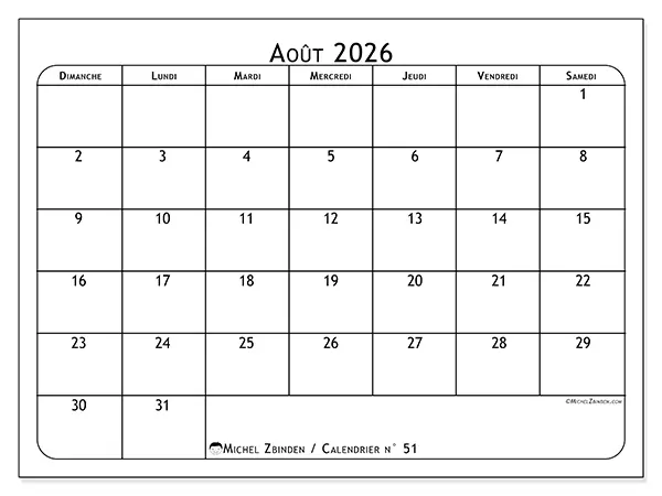 Calendrier août 2026 à imprimer - Programme des repas - Semaine : dimanche à samedi