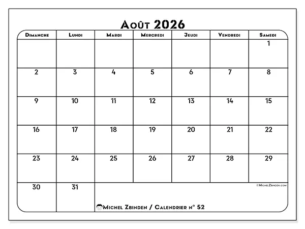 Calendrier août 2026 à imprimer - Organisation professionnelle - Semaine : dimanche à samedi