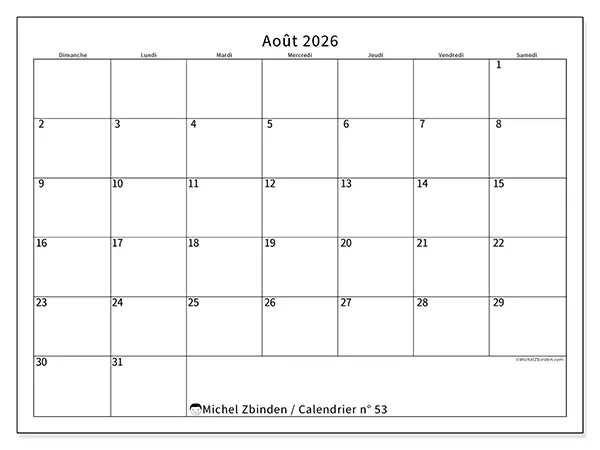 Calendrier août 2026 à imprimer - Horaire efficace - Semaine : dimanche à samedi