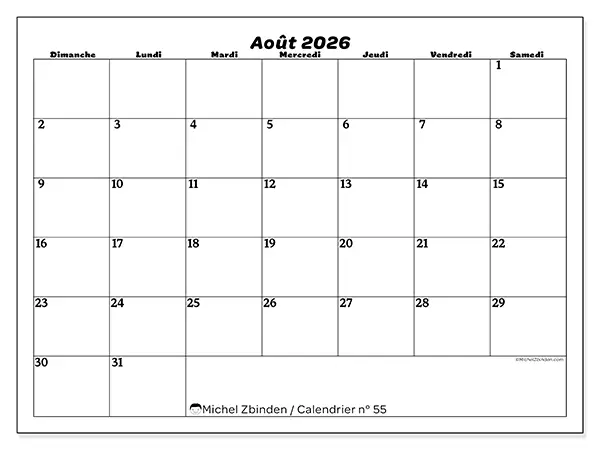 Calendrier août 2026 à imprimer - Organisation des loisirs - Semaine : dimanche à samedi