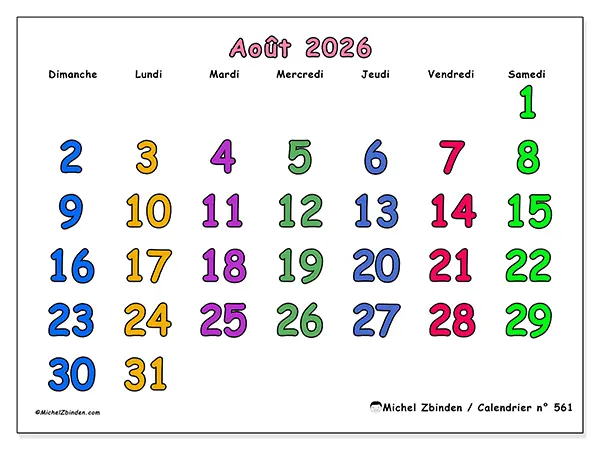 Calendrier août 2026 à imprimer - Moments créatifs - Semaine : dimanche à samedi