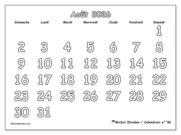 Calendrier août 2026 à imprimer - Coloriage utile - Semaine : dimanche à samedi