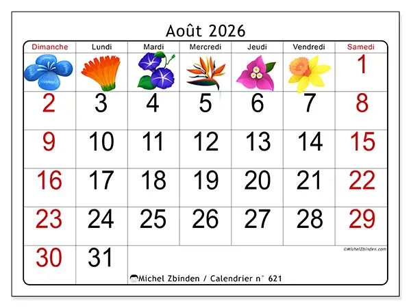 Calendrier août 2026 à imprimer - Grandes fleurs - Semaine : dimanche à samedi
