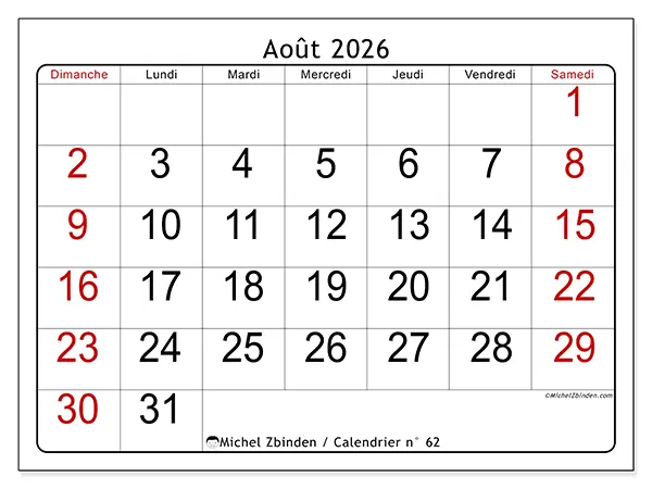Calendrier août 2026 à imprimer - Lecture rapide - Semaine : dimanche à samedi