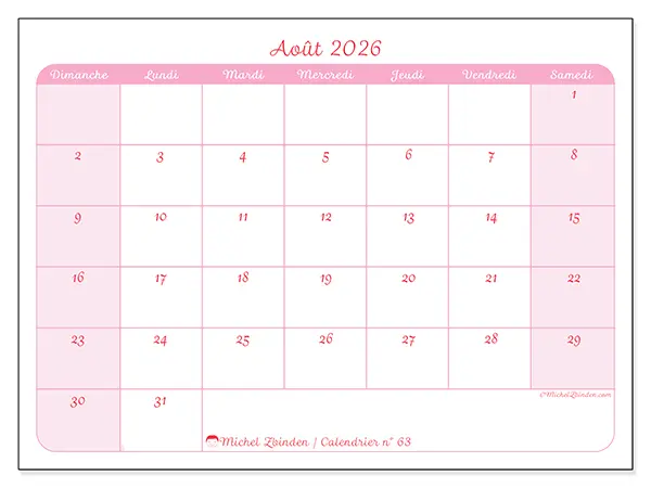 Calendrier août 2026 à imprimer - Organisation en douceur - Semaine : dimanche à samedi